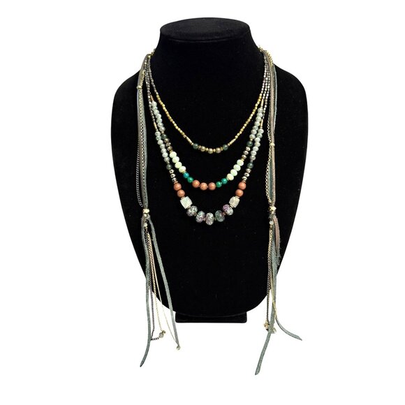 Nakamol Multilayered Beaded Necklace Semi-Precious Stones Gold Accents Tassels - Picture 1 of 9